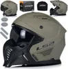 A collage of a modular motorcycle helmet and its accessories, including a box and a carrying bag. Náhled obrázku produktu