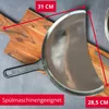 A close-up shot of a Döner-/Gyros-Schaufel (spatula) placed on a wooden cutting board, with dimensions indicated by red arrows and text overlays. Produktbild-Vorschau