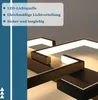 A close-up of a modern geometric LED ceiling light with a blue overlay containing text. Produktbild-Vorschau