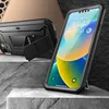 A black phone case with a kickstand is shown on a textured surface, with a phone inside a similar case in the foreground. Produktbild-Vorschau