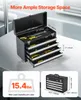 A black metal toolbox with multiple drawers is open, displaying various tools. Dimensions and load capacity are indicated with text overlays. Anteprima dell’immagine prodotto