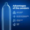 A close-up of a blue condom with text and icons detailing its features. Náhľad obrázku produktu