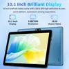 A blue tablet is shown with marketing text and feature callouts. Produktbild-Vorschau