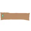 A long, brown body pillow is laid out horizontally on a white background, with a small green tag attached to the left end. Produktbild-Vorschau