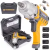 A collage of images showing an electric impact wrench, its accessories, and its carrying case. Podgląd zdjęcia produktu