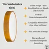 A round ceiling lamp with a wooden frame is shown next to a list of its features. Produktbild-Vorschau