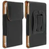 Two views of a black leather smartphone belt pouch, one showing the front flap closed and the other showing the back with a belt clip. Náhled obrázku produktu