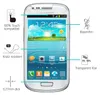 A Samsung Galaxy S3 Mini phone is shown with various protective screen features highlighted with text and icons. Produktbild-Vorschau