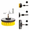 Collage showing a cleaning brush attachment for a drill and instructional steps. Voir les images du produit