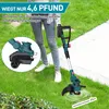 A person is using a cordless grass trimmer in a garden. Produktbild-Vorschau