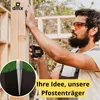 A man is measuring a wooden post with a tape measure, with a diagram of a ground spike in the foreground. Produktbild-Vorschau
