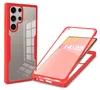 A red and clear phone case is shown, with one view of the back of a phone in the case and another view of the phone being inserted into the case. Produktbild-Vorschau
