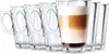 A set of six clear glass tumblers with handles, one of which is filled with a layered coffee drink. Anteprima dell’immagine prodotto