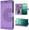 A collage of images showing a purple flip phone case with a mandala design, a phone inside the case, and a close-up of the case's card slots. Produktbild-Vorschau
