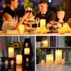 A collage of images showing LED candles in various settings, including a dinner table, a decorative stand, and a bookshelf. Podgląd zdjęcia produktu