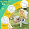 A young child sits in a white Adirondack chair outdoors on a grassy lawn, with marketing text and graphics overlaid on the image. Produktbild-Vorschau