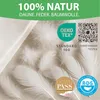 Close-up of white feathers and fabric with various certification logos and text overlays. Produktbild-Vorschau