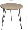 A round wooden table with black hairpin legs shown against a white background with measurement indicators. Produktbild-Vorschau
