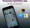 A smartphone displaying a game interface, with app store icons next to it. Produktbild-Vorschau