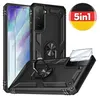 A product image showcasing a black smartphone case with a ring holder and screen protectors, along with a German flag graphic indicating a '5in1' feature.