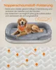 A dog lying on a dog bed, with a diagram illustrating the bed's features. Náhled obrázku produktu