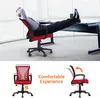A man relaxing in a red office chair with his feet up on a desk, and separate images showing the chair's features. Produktbild-Vorschau