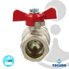 A close-up studio shot of a brass ball valve with a red butterfly handle. Produktbild-Vorschau
