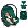 A baby is sitting in a green car seat. The car seat is shown from the front and side. There are also separate images of the car seat's padding and a smaller version of the car seat. Náhľad obrázku produktu