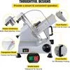 A close-up marketing image of a commercial meat slicer, highlighting its features with callouts and text. Podgląd zdjęcia produktu