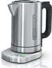 A silver electric kettle with a black handle sits on its charging base, which has control buttons. Produktbild-Vorschau