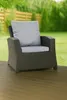 An outdoor chair with cushions on a wooden deck, with a garden in the background. Anteprima dell’immagine prodotto
