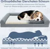 A dog sleeping on a pet bed, with a diagram illustrating the bed's support and airflow features. Produktbild-Vorschau