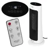 A white tower heater with a remote control and a control panel. Podgląd zdjęcia produktu