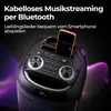 A portable party speaker with a smartphone placed in a holder on top, with abstract purple sound waves in the background. Produktbild-Vorschau