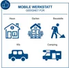 The image displays icons representing different applications for a mobile workshop, including a house, garden, construction site, car, and camping. Voir les images du produit