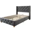 A grey upholstered bed frame with a slatted base, shown against a white background. Anteprima dell’immagine prodotto