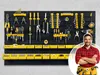 A tool board with various tools and storage bins, with a man in the foreground. Voir les images du produit