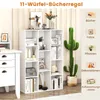 A white bookshelf with various items on display, next to a white cabinet and a large artificial cactus. The image includes icons and text labels on the right side. Podgląd zdjęcia produktu