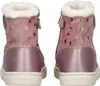 A pair of pink children's boots with silver heart cutouts and a white fluffy lining, shown from the back. Produktbild-Vorschau
