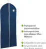 A dark blue garment bag with white trim and a transparent window, shown against a white background, with accompanying text describing its features. Produktbild-Vorschau