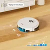 A white robot vacuum cleaner is shown on a wooden floor, with water droplets and a diagram illustrating water flow levels. Náhled obrázku produktu