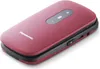 A closed flip phone with a red exterior and black accents, shown at an angle against a white background. Produktbild-Vorschau