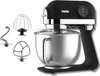 A black and silver stand mixer with three attachments displayed to the left. Produktbild-Vorschau