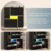 A collage of images showing a black shoe cabinet with gold accents and LED lighting, along with text describing its features. Anteprima dell’immagine prodotto