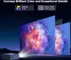 A projector is shown projecting a vibrant image of a flower onto a screen, with text overlays highlighting its features. Produktbild-Vorschau