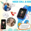 A collage of images and text illustrating the features of a children's smartwatch, including voice calls, SOS function, and GPS tracking. Produktbild-Vorschau