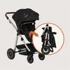 A black and silver stroller is shown, with an inset circle demonstrating how it folds. Produktbild-Vorschau