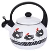 A white enamel kettle with a black handle and lid, decorated with cartoon chickens and polka dots. Produktbild-Vorschau