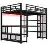 A black metal loft bed with wooden shelves and integrated desk, featuring red LED lighting. Voir les images du produit