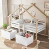 A child's bedroom with a house-shaped bed, storage boxes, and stuffed animals. Voir les images du produit